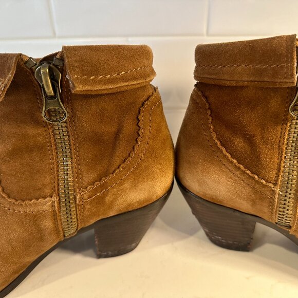 Sam Edelman Louie Ankle Boots Womens Size 7.5 M Brown Tan Suede Fringe Trim Zip - Picture 9 of 13